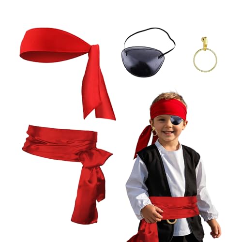 XDGBGFN 4 Stück Piraten Kostüm Zubehör Set Stirnband Mittelalterliche Große Gürtel Piraten Halskette und Piraten Zubehör für Karneval Halloween Deko Cosplay (Rot) von XDGBGFN