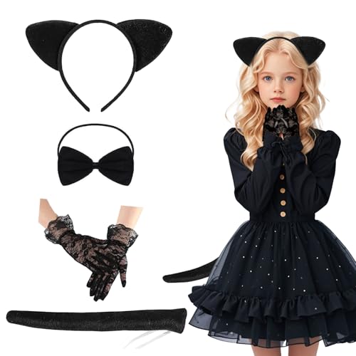 XDGBGFN 4-teiliges Set Katzenkostüm Kinder Katzenkostüm Damen mit Katzenohren Haarreif Schwanz Krawatte Schnürhandschuhe Katzenkostüm für Karneval, Cosplay, Kostüm Party von XDGBGFN