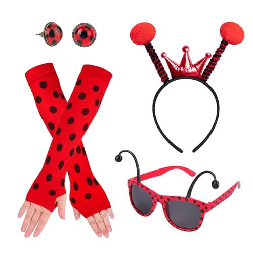 XDGBGFN 4stk Marienkäfer Kostüm Damen Marienkäfer Haarreif Brille Fingerlose Handschuhe und Ladybug Kostüm Party Accessoires für Cosplay Karneval Fasching von XDGBGFN