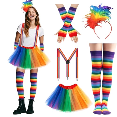 XDGBGFN 5 Set Regenbogen Kostüm Damen Karneval Regenbogen Kostüm BunterTüllrock Feder Stirnbänder, Regenbogen Strümpfe Und Handschuhe Suspender Set für 80er Jahre Retro Party Cosplay von XDGBGFN