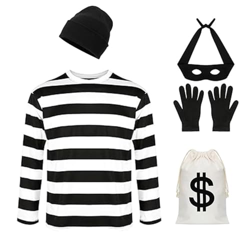 XDGBGFN 5 Stück Einbrecher Kostüm Set Dieb Kostüm Herren für Erwachsener,T-Shirt, Mütze, Handschuhen,Geldsack und Augenmaske für Carnival Kostüm für Cosplay (L) von XDGBGFN