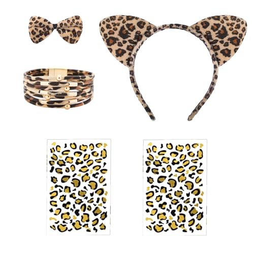 XDGBGFN 5-Teilig Leoparden Kostüm Set,Leopardenmuster Haarbänder Leoparden Armband Krawatten und 2 Stück Leoparden-Kunst-Aufkleber Zubehör Deko für Kostüm Party Cosplay von XDGBGFN