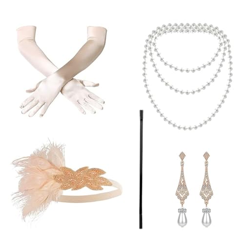 XDGBGFN 5-teiliges Set 20er Jahre Accessoires Set Damen, 1920s Kostüm Damen Flapper Accessoires Set Halloween Kostümzubehör Inklusive Stirnband Halskette Handschuhe Ohrringe und Handheld-Requisiten von XDGBGFN