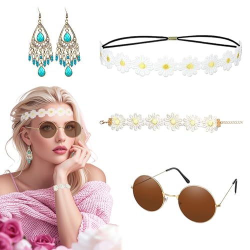 XDGBGFN 60er 70er Jahre Hippie Kostüm Set mit Sonnenbrille Blumen Stirnband Armband und Hippie Accessoires für Damen Herren Verkleidung Hippie Party Zubehör (Dunkelbraun&Gelb) von XDGBGFN