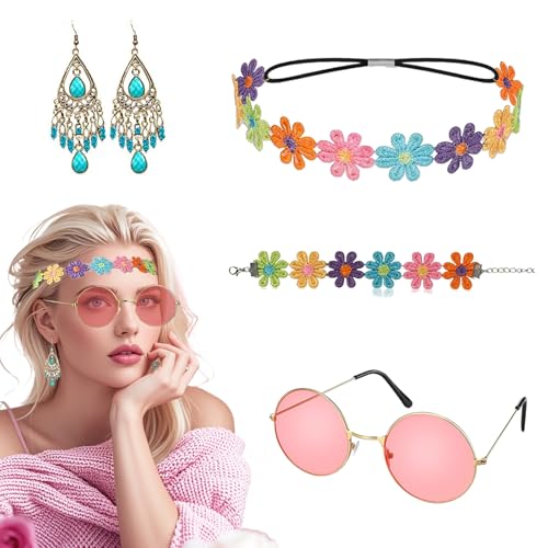 XDGBGFN 60er 70er Jahre Hippie Kostüm Set mit Sonnenbrille Blumen Stirnband Armband und Hippie Accessoires für Damen Herren Verkleidung Hippie Party Zubehör (Rosa&Bunt) von XDGBGFN