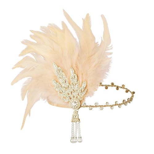 XDGBGFN Damen 1920s Stirnband Blatt-Strass mit Feder Haarband Kostüm Accessoires 20er Jahre Stil Flapper Damen Fasching Party Zubehör Kostüm Accessoires (Champagner) von XDGBGFN