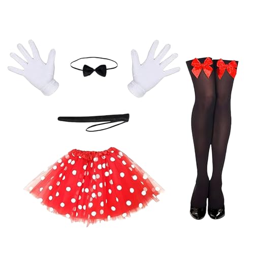 XDGBGFN Damen Maus Mouse Kostüm Minnie Mouse Kostüm Damen Rot Tüllrock mit Weißen Polka Dots mit Schwanz, Handschuh,Krawatte,Schleifenstrümpfe für Karneval Thema Party Cosplay Party Faschingskostüme von XDGBGFN