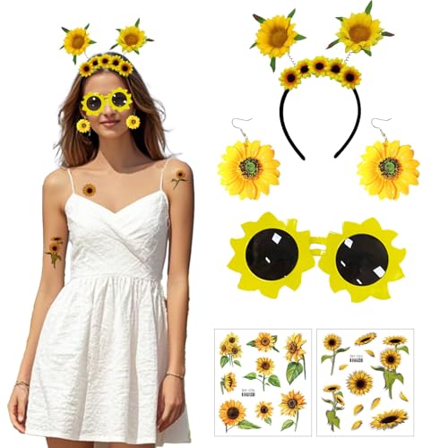 XDGBGFN Damen Sonnenblumen Kostüm Sonnenblumen Haarschmuck Sonnenblumen Haarreif Sonnenblumen Stirnband Sonnenbrille Sonnenblume Tattoos Ohrringe für Karneval Mottoparty Kostüm von XDGBGFN