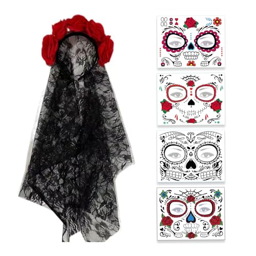 XDGBGFN Halloween Tag der Toten Kopfschmuck und 4 Stück Gesichtsaufkleber, Tag der Toten Rosen Haarreif mit Blumen und Schleier Rosenschleier Geeignet für Halloween, Karneval Kostümparty (Rot) von XDGBGFN