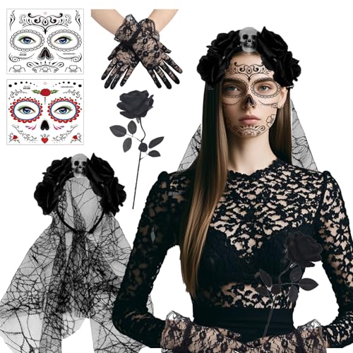 XDGBGFN Karneval Kostüm Damen Tag Der Toten Kostüm Damen Haarreif Schleier Gesicht Tattoos Blumen Rose mit Spitzenhandschuhe Halloween Kostüm für Party, Karneval, Cosplay, Halloween von XDGBGFN