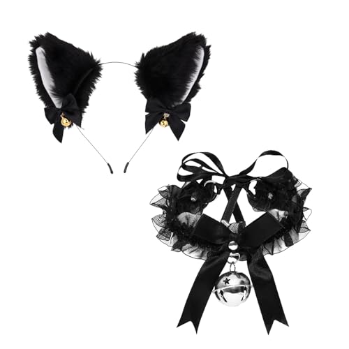 XDGBGFN Katzenohren Haarreif Cat Ears Stirnband mit Glöckchen Halskette Katze Cosplay Set Haarband Katzenohren Haarschmuck für Halloween Karneval Party Damen Cosplay Kostümfest von XDGBGFN