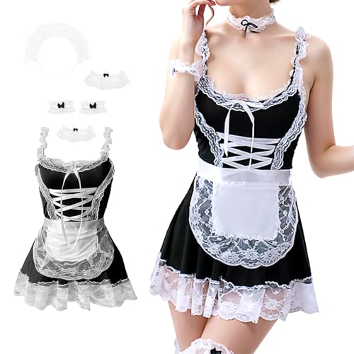 XDGBGFN Maid Dress Halloween Kostüm, Womens Kostüm Halloween Maid Set Beinringe Manschettenknöpfe Socken und Kopfbedeckungen Faschingskostüme (M) von XDGBGFN