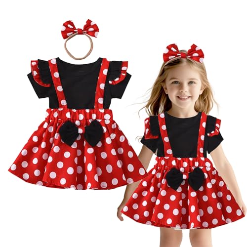 XDGBGFN Mouse Kleinkind Kleid Kostüm Mini Maus Kostüm Mädchen Mit Mouse Ohren Haarreifen Rot Kleid Hosenträger Rock Bekleidungsset für Kinder Karneval Party (100) von XDGBGFN