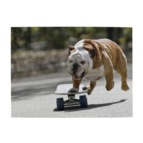 Englische Bulldoggen Bokeh Skateboard Haustiere Englisch, Puzzle 500 Teile, Holzpuzzle, Spielzeug, Familienspiel, Wanddekoration für Erwachsene und Teenager von XDVPALNE