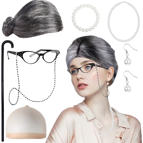 8 Set Old Lady Kostüm, Großmutter Cosplay Zubehör Set, Oma Perücke Kostüm Set, Alte Dame Cosplay Zubehör mit Oma Brille Kette Perücke Kappe Spazierstock für Fasching Cosplay Karneva Party von XEERUN