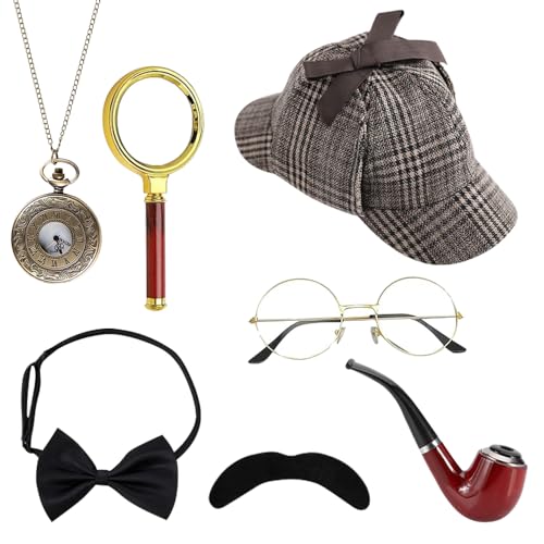 XEERUN Detektiv Kostüm Zubehör Set, 7PCS Sherlock Holmes Kostüm Accessoires, Sherlock Holmes Phantasie Kleid Kits, Detektiv Cosplay Requisiten für Karneval Cosplay Maskerade Event Party von XEERUN