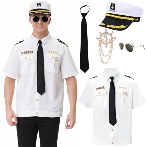 XEERUN Kapitän Hemd, Kapitän Kostüm Kapitän Matrose Kostüm mit Marine Hut, Kapitänshut, Brille, Pfeife und Abzeichen, Kapitän Mütze Kostüm Zubehör Set für Karneval Mottoparty Partys Cosplay von XEERUN