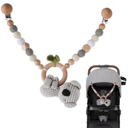 XEERUN Kinderwagenkette, Kinderwagenkette aus Holz und Baumwolle gehäkelt, Kinderwagen Kette für Babys, Montessori Neugeborenen Spielzeug Baby Kinderwagenspielzeug für Babyschale (Koala) von XEERUN