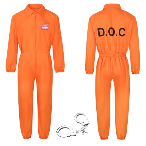 XEERUN Orangener Häftling Prisoner Insasse Jailbird Overall, sträfling kostüm herren damen, orangener overall,Häftling Kostüm Herren für Karneval, Fasching, Einheitsgröße Erwachsene & Jugendliche von XEERUN