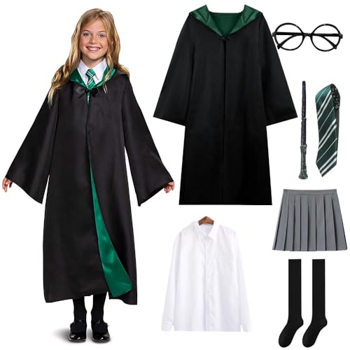 Zauberer Cosplay Kostüm, 7 Pcs Zauberer Kostüm für Kinder, Magier Robe, Magier Uniform mit Umhang Bluse Rock Socken Zauberstab, Kostüme für Mädchen Halloween Karneval Party Cosplay Kostüme，135cm von XEERUN