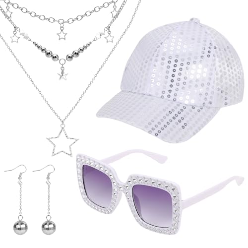 XEPST 4 PCS 70s Disco Accessories 70er Jahre Outfit Damen mit Pailletten Hut Ohrringe Discokugel Halskette Disco Sonnenbrille Strass Glitzer Accessoires für Karneval Fasching Themenparty von XEPST