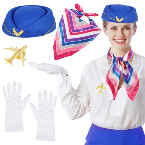 XEPST 4 STÜCK Flugbegleiterkostüm für Frauen - Stewardess Kostümzubehör Set mit Flugbegleitermütze Schal Handschuhe Broschen für Frauen Mädchen Halloween Kostüme Cosplay Karneval Kostüm, Königsblau von XEPST