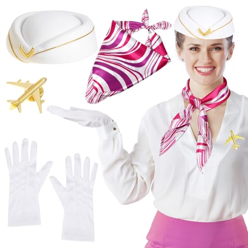 XEPST 4 STÜCK Flugbegleiterkostüm für Frauen - Stewardess Kostümzubehör Set mit Flugbegleitermütze Schal Handschuhe Broschen für Frauen Mädchen Halloween Kostüme Cosplay Karneval Kostüm, Weiß von XEPST