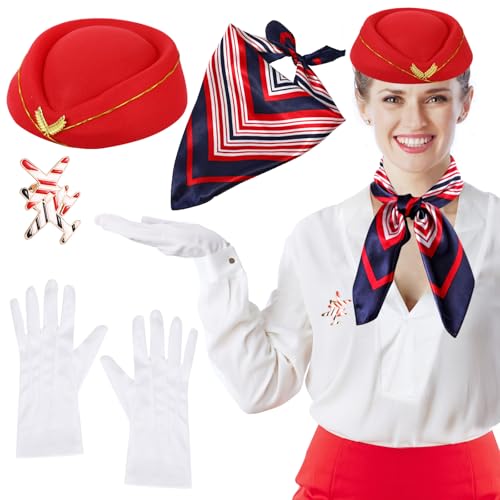 XEPST 4 STÜCK Flugbegleiterkostüm für Frauen - Stewardess Kostümzubehör Set mit Flugbegleitermütze Schal Handschuhe Broschen für Frauen Mädchen Halloween Kostüme Cosplay Karneval Kostüm, Rot von XEPST