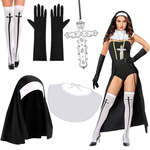 XEPST 5 STÜCK Nonnen Kostüm Für Frauen-Nonnen Outfit Zubehör Nonnen Kopfschmuck Nonnen Kragen Handschuhe Kreuz Anhänger Halskette Kniestrümpfe Halloween Kostüme für Frauen Cosplay Karneval Kostüm, B von XEPST