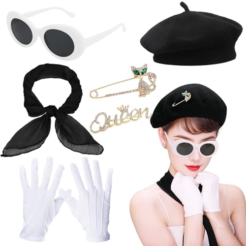 XEPST 6 STÜCK französisches Kostümset - 50er Jahre Kostüm für Frauen mit französischer Baskenmütze Sonnenbrille Schal Handschuhe Französischer Künstler Kit für Halloween Cosplay Karneval, Schwarz von XEPST