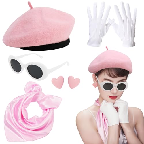 XEPST 6 STÜCK französisches Kostümset - 50er Jahre Kostüm für Frauen mit französischer Baskenmütze Sonnenbrille Schal Handschuhe Französischer Künstler Kit für Halloween Cosplay Karneval, Hellrosa von XEPST