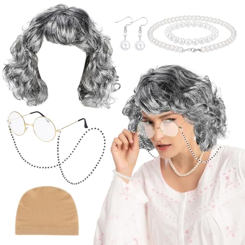 XEPST 7 STÜCK Alte Dame Perücke Kostüm Set-Alte Dame Kostüm Zubehör Set mit Oma Perücke Brille Faux Perlenkette Armband Ohrringe für Halloween Kostüme Cosplay Karneval Kostüm, C von XEPST