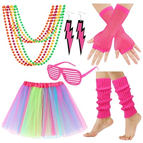 XEPST 80er Jahre Outfit Damen 90er Kostüm Accessoires Set, Tutu, Ohrring, Halskette, Netzhandschuhe, Beinstulpen, Brille für Retro Neon Thema Party Halloween Karneval Damen Frauen Mädchen von XEPST