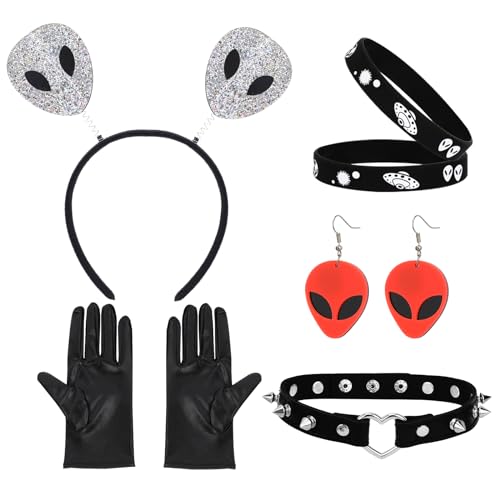 XEPST Alien Kostümzubehör Set - Alien Antennen Stirnband, Ohrringe, Halskette und Handschuhe für Frauen und Mädchen - Perfekt für Alien Partys, Halloween, Karneval, Cosplay - Anziehzubehör, Schwarz von XEPST