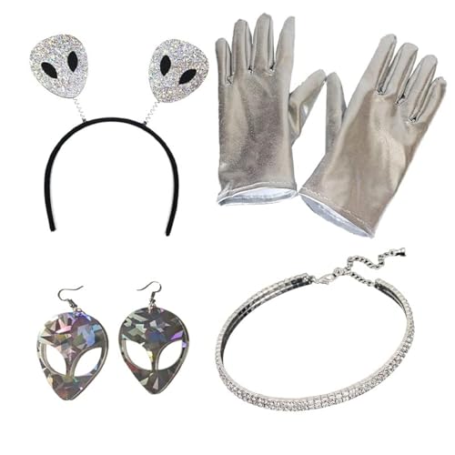 XEPST Alien Kostümzubehör Set - Alien Antennen Stirnband, Ohrringe, Halskette und Handschuhe für Frauen und Mädchen - Perfekt für Alien Partys, Halloween, Karneval, Cosplay - Anziehzubehör von XEPST