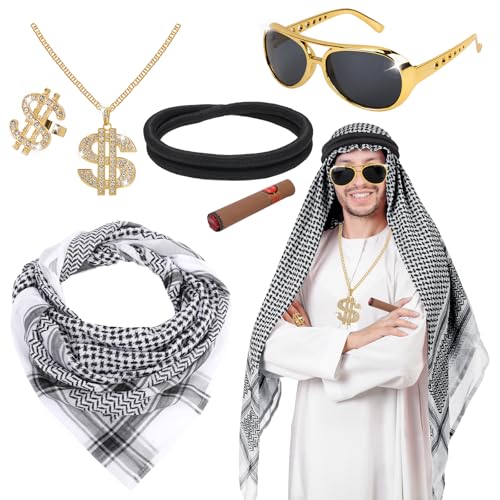 XEPST Arabisches Kostüm-Set für Herren – 6-teiliges arabisches Kostümzubehör-Set mit Keffiyeh-Kopfwickel, Schal, arabisches Stirnband, muslimisches Kostüm für Halloween, Cosplay, Karneval, Fasching, von XEPST