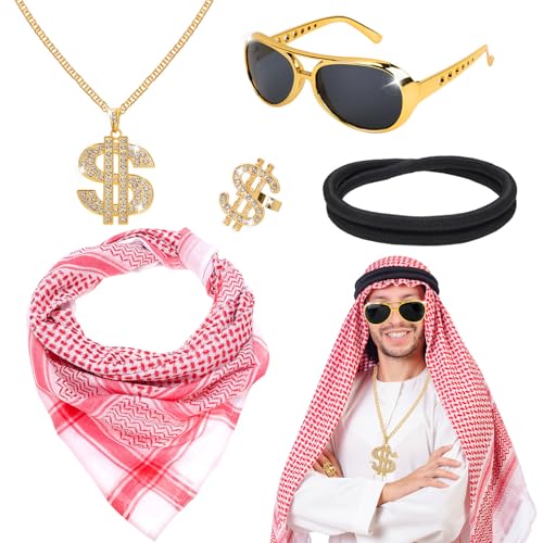 XEPST Arabisches Kostümset für Männer - 5 STÜCK arabisches Kostümzubehör Set mit Keffiyeh Kopftuch Arabisches schwarzes Stirnband für Männer Halloween Kostüm Cosplay Karneval Kostüm von XEPST