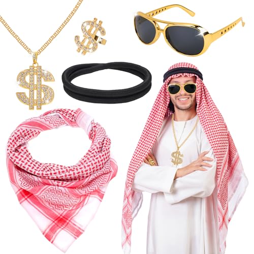 XEPST Arabisches Kostümset für Männer - 5 STÜCK arabisches Kostümzubehör Set mit Keffiyeh Kopftuch Arabisches schwarzes Stirnband für Männer Halloween Kostüm Cosplay Karneval Kostüm von XEPST