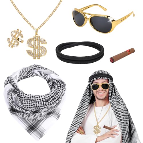 XEPST Arabisches Kostümset für Männer - 6 STÜCK arabisches Kostümzubehör Set mit Keffiyeh Kopftuch Arabisches schwarzes Stirnband für Männer Halloween Kostüm Cosplay Karneval Kostüm, Schwarzweiß von XEPST