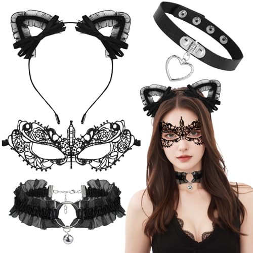 XEPST Catwoman Kostüm Damen, Katze Cosplay Set mit Glöckchen Halskette, Katzenohren Haarreif, Spitze Maskerade Masken für Frauen Mädchen Cosplay Kostümfest Halloween Dekor Karneval von XEPST