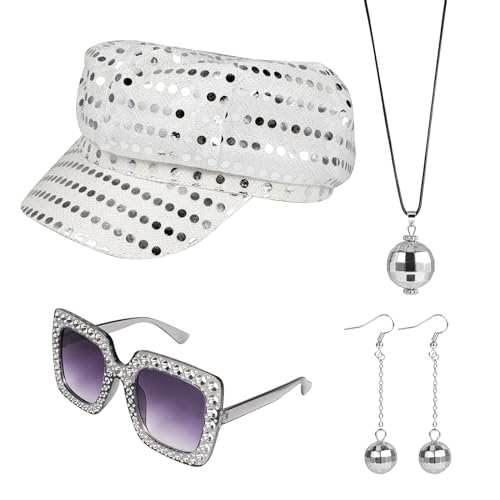 XEPST 70s Disco Accessories 70er Jahre Outfit Damen mit Pailletten Hut Ohrringe Discokugel Halskette Disco Sonnenbrille Strass Glitzer Accessoires für Karneval Fasching Disco Themenparty Mottoparty von XEPST