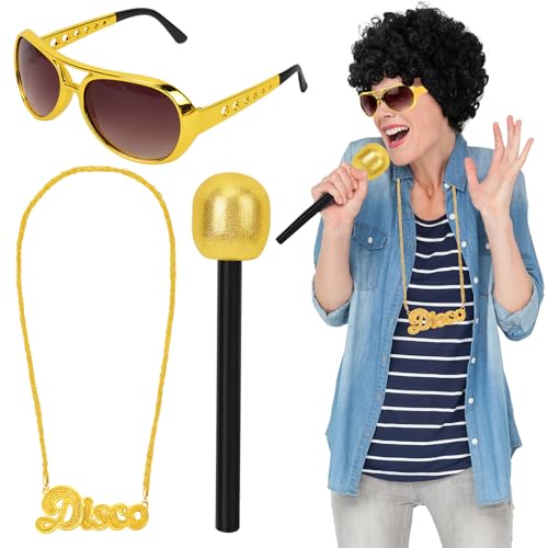 XEPST Disco Kostüm Set für Frauen - 4 STÜCK Disco Zubehör Set mit Afro Perücke Fake Karaoke Mikrofon Halskette Sonnenbrille für Unisex 50/60/ 70er Party Zubehör Halloween Cosplay Karneval von XEPST