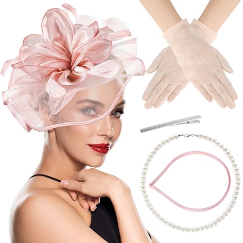 XEPST Fascinator Hut Damen 20er Jahre Accessoires Hut Pferderennen Tee Party Haarspangen Damen Klein Kopfschmuck Fascinator Perlenkette Handschuhe für Kostümparty, Rosa von XEPST