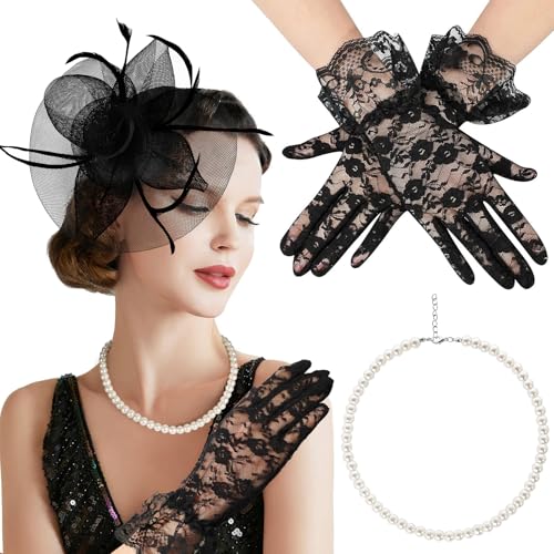 XEPST Fascinator Hut Damen 20er Jahre Accessoires Hut Pferderennen Tee Party Haarspangen Damen Klein Kopfschmuck Fascinator Perlenkette Handschuhe für Kostümparty, schwarz von XEPST