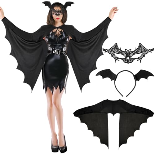 XEPST Fledermaus Kostüm Frauen-3 STÜCK Halloween Fledermaus Kostüm Zubehör Set mit schwarzen Fledermausflügeln Fledermaus Ohren Stirnband Spitze Fledermaus Maske für Frauen Cosplay Karneval Kostüm von XEPST