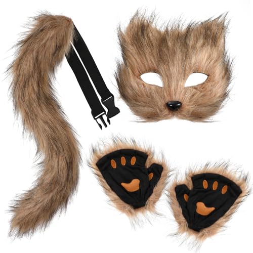 XEPST Fuchs Kostüm Cosplay Kostüm mit Furry Schwanz, Maske und Handschuhe, Kunstpelz Fuchs Maske Wolf Katze flauschiger Schwanz für Halloween Cosplay Kostüm Karneval Party Kostüm Accessoire,Braun von XEPST