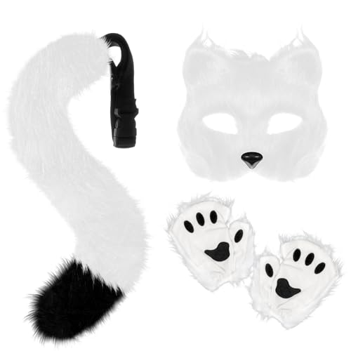 XEPST Fuchs Kostüm Cosplay Kostüm mit Furry Schwanz, Maske und Handschuhe, Kunstpelz Fuchs Maske Wolf Katze flauschiger Schwanz für Halloween Cosplay Kostüm Karneval Party Kostüm Accessoire, Weiß von XEPST