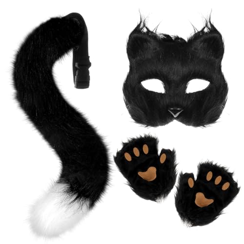 XEPST Fuchs Kostüm Cosplay Kostüm mit Furry Schwanz, Maske und Handschuhe, Kunstpelz Fuchs Maske Wolf Katze flauschiger Schwanz für Halloween Cosplay Kostüm Karneval Party Kostüm Accessoire, Schwarz von XEPST