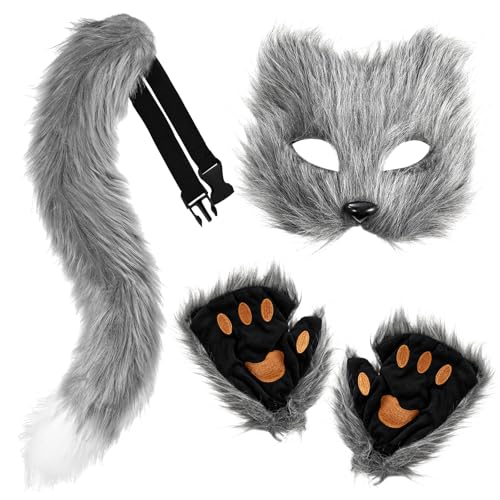 XEPST Fuchs Kostüm Cosplay Kostüm mit Furry Schwanz, Maske und Handschuhe, Kunstpelz Fuchs Maske Wolf Katze flauschiger Schwanz für Halloween Cosplay Kostüm Karneval Party Kostüm Accessoire,Grau von XEPST