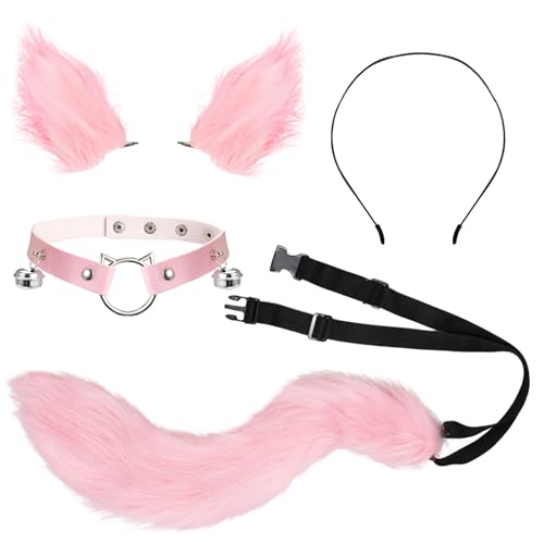 XEPST Katze Cosplay Kostüm Set, Rosa Schwanz und Ohren Set Faux Furry Fox Wolf Tail Kit mit Langer Fuchsschwanz und Ohren und Glockenkragen für Kostüm Dressing Parteien von XEPST